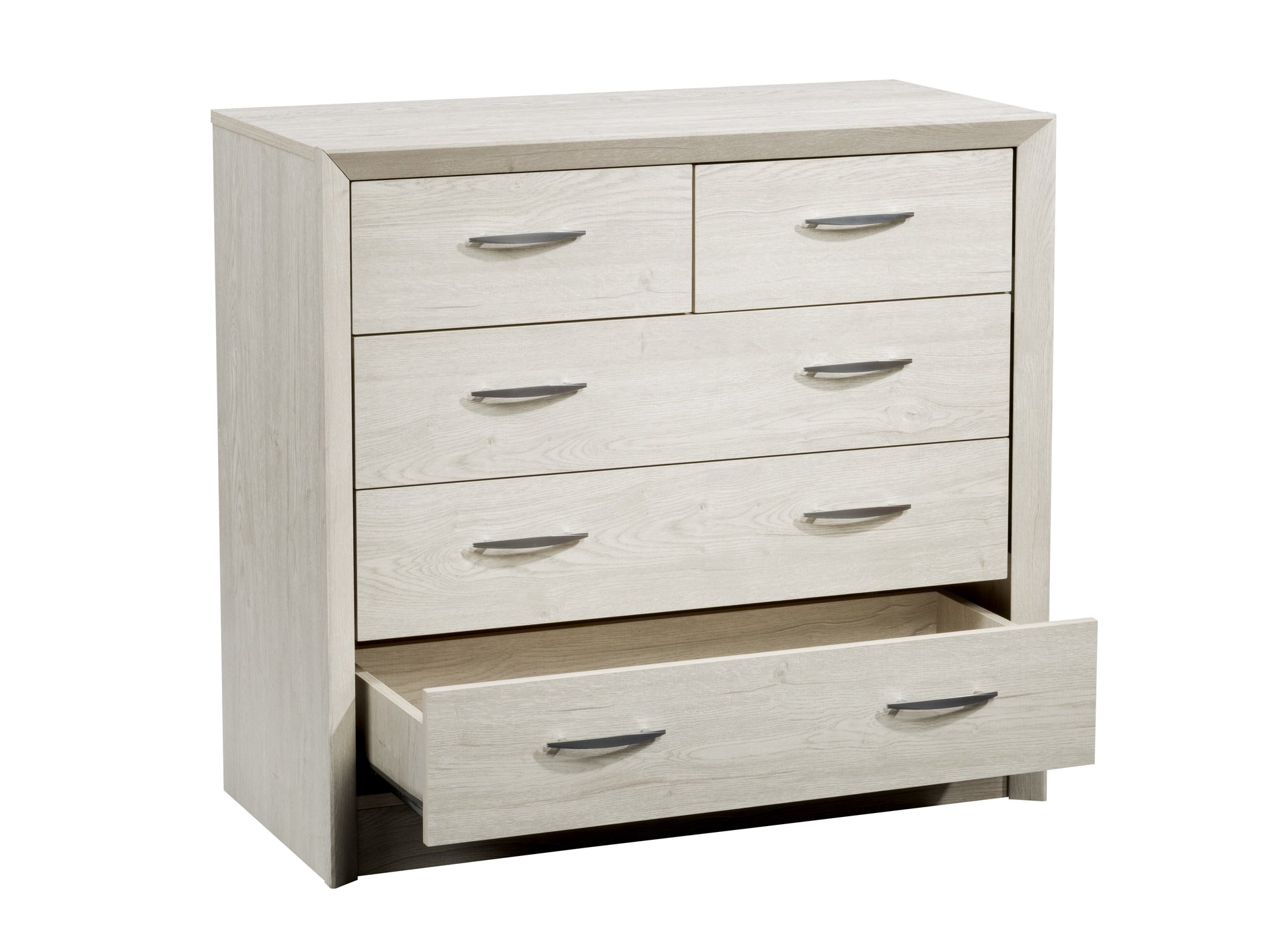 Mid-century modern white-washed oak dresser with six spacious drawers, sleek metal handles, and tapered legs; ideal for bedroom storage and stylish home decor.