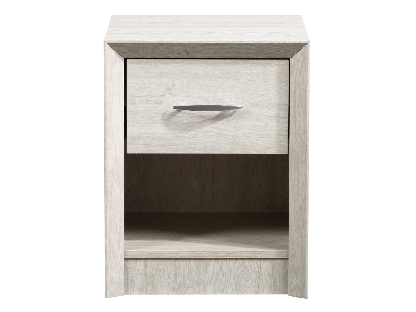 White washed oak mid-century modern night stand featuring sleek lines, two spacious drawers with minimalist handles, and tapered wooden legs. Perfect for bedroom storage and stylish decor.