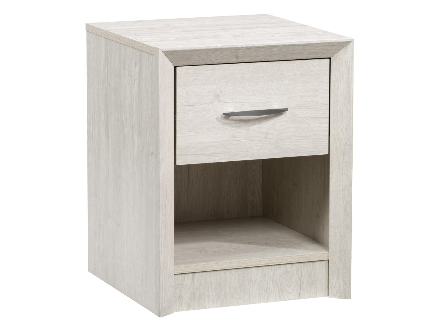 White washed oak mid-century modern night stand featuring sleek lines, two spacious drawers with minimalist handles, and tapered wooden legs. Perfect for bedroom storage and stylish decor.