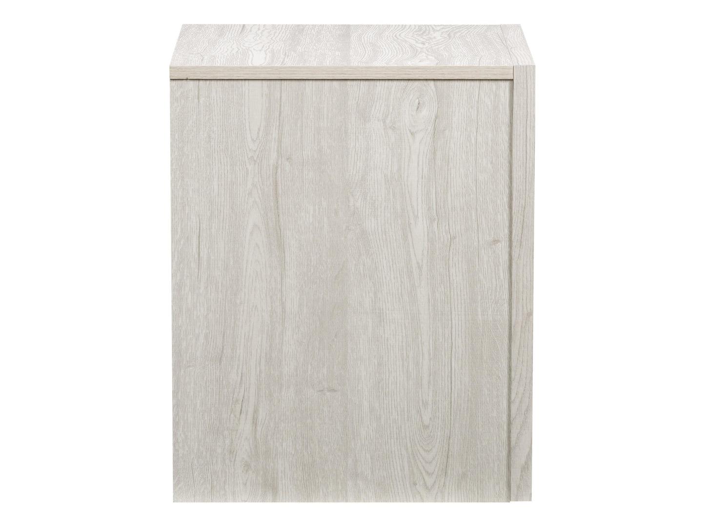 White washed oak mid-century modern night stand featuring sleek lines, two spacious drawers with minimalist handles, and tapered wooden legs. Perfect for bedroom storage and stylish decor.