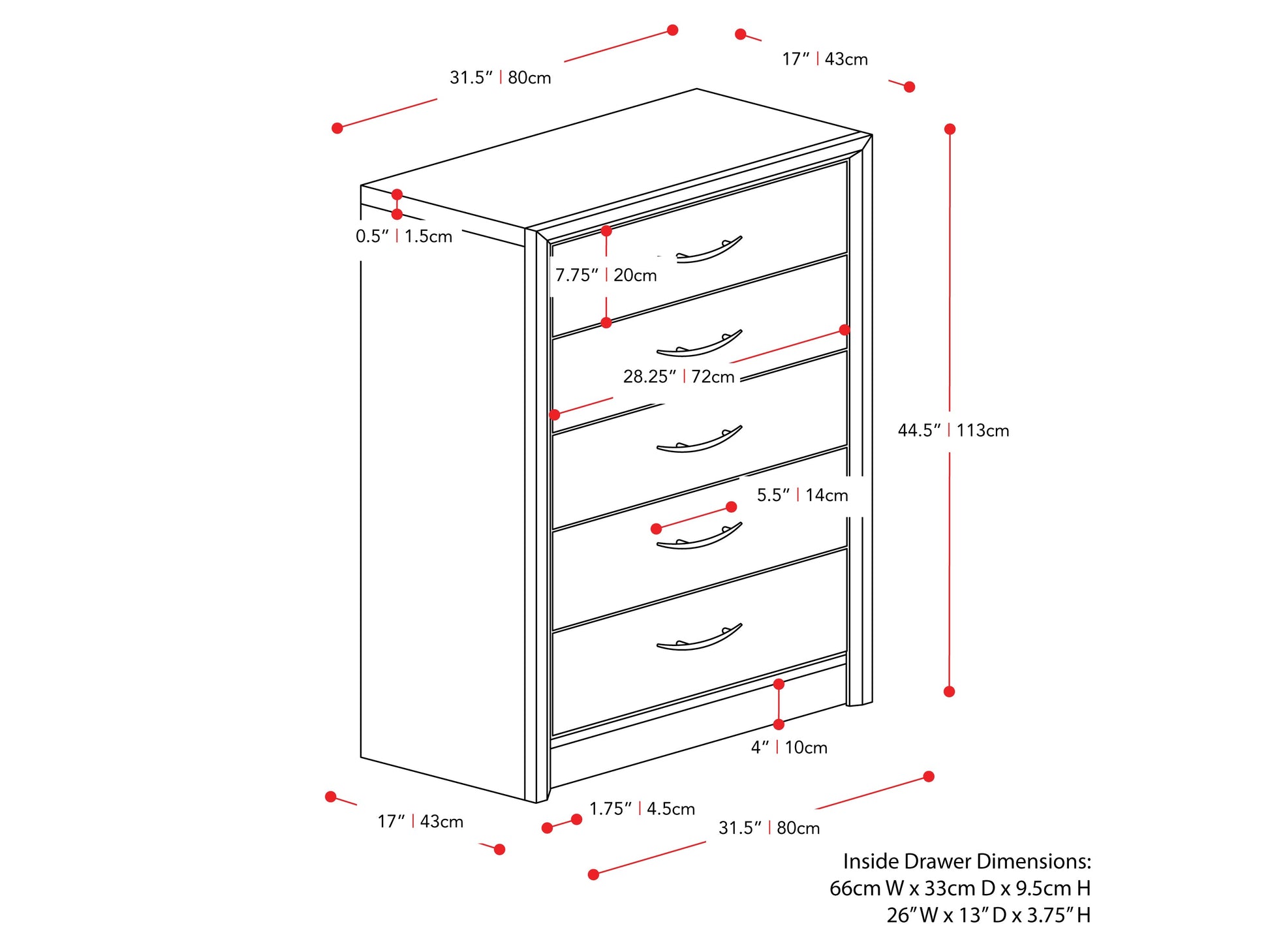 White washed oak tall bedroom dresser with five drawers, silver handles, and a smooth finish. Features ample storage space and a minimalist design, ideal for modern and contemporary bedroom decor.