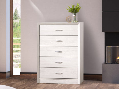 White washed oak tall bedroom dresser with five drawers, silver handles, and a smooth finish. Features ample storage space and a minimalist design, ideal for modern and contemporary bedroom decor.