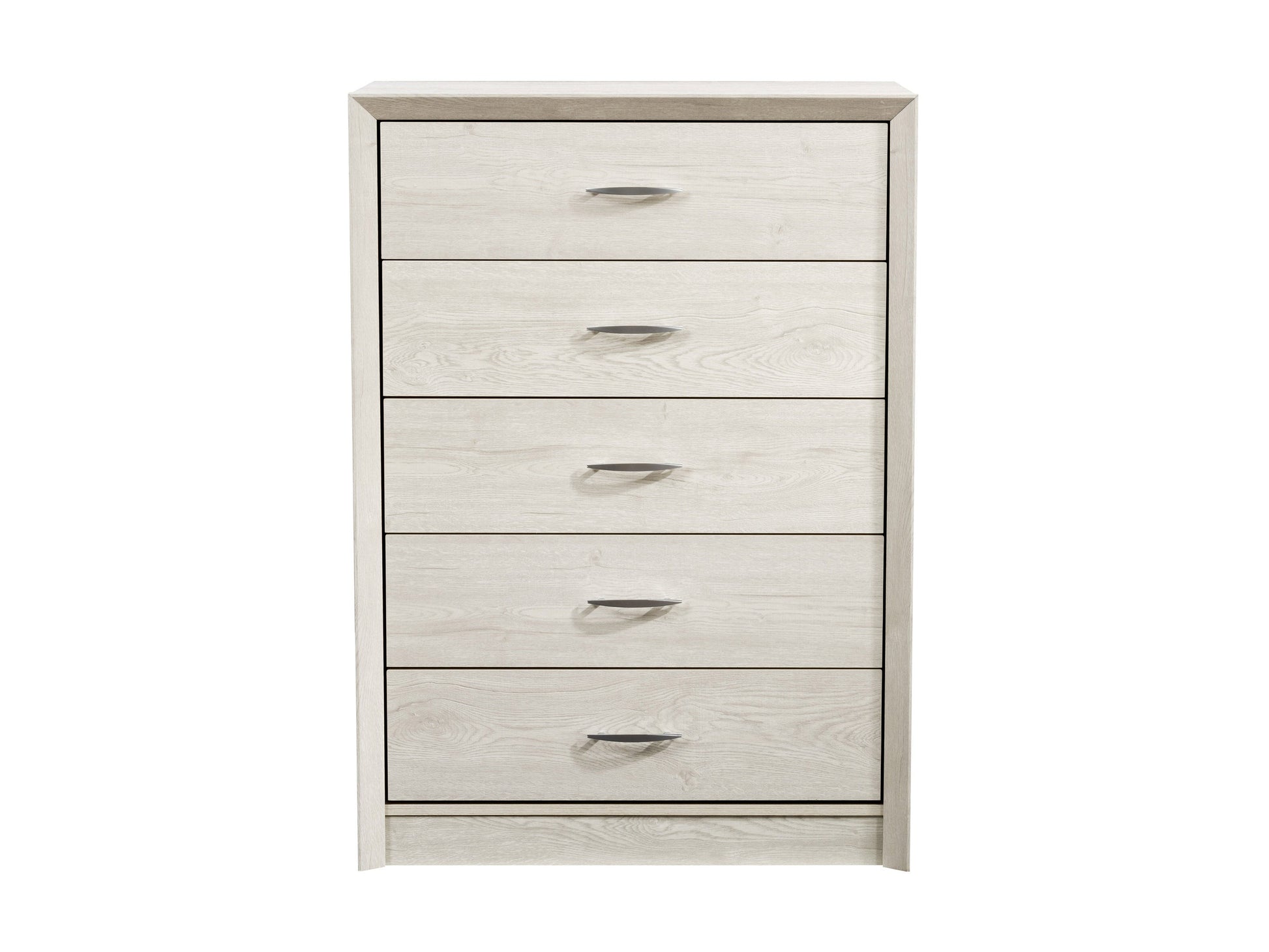 White washed oak tall bedroom dresser with five drawers, silver handles, and a smooth finish. Features ample storage space and a minimalist design, ideal for modern and contemporary bedroom decor.