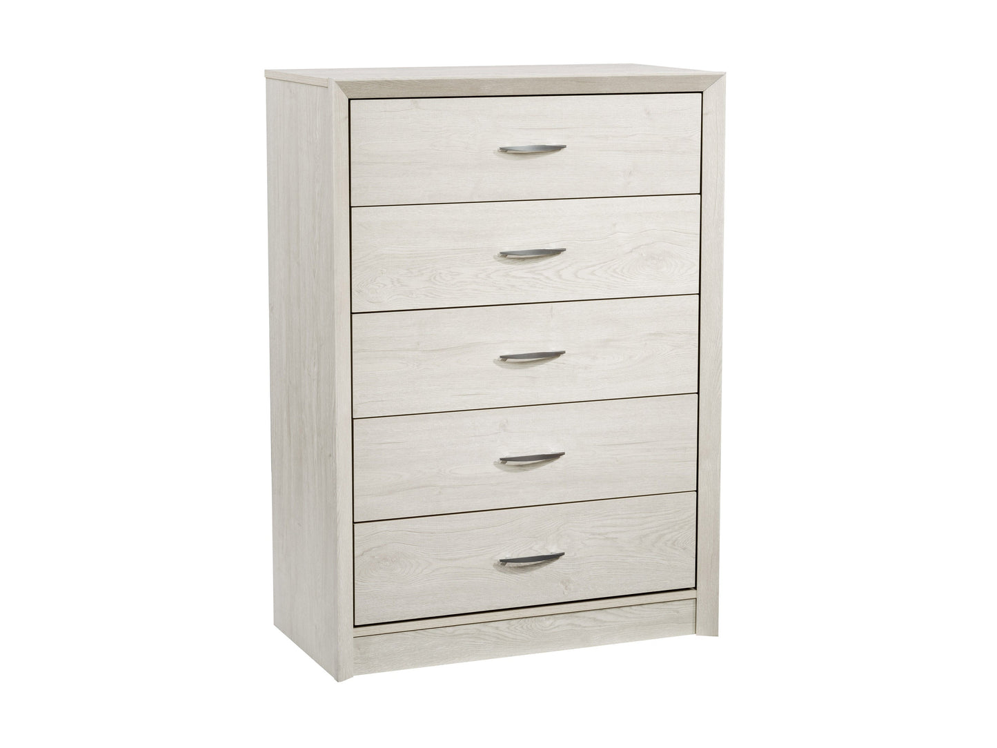 White washed oak tall bedroom dresser with five drawers, silver handles, and a smooth finish. Features ample storage space and a minimalist design, ideal for modern and contemporary bedroom decor.