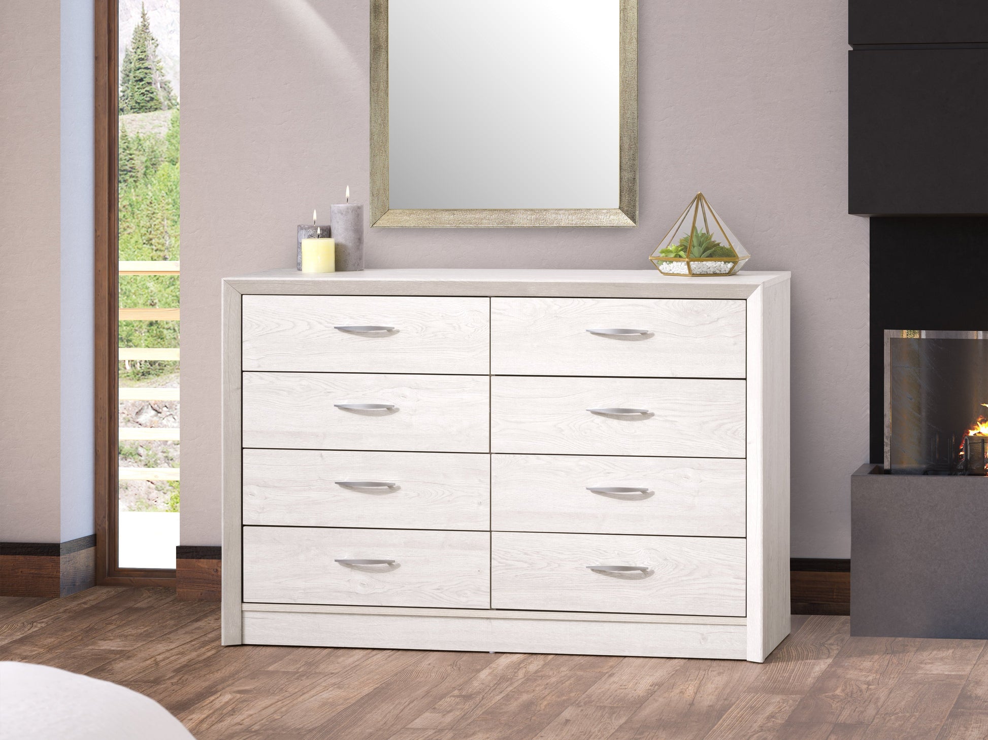 White washed oak 8 drawer dresser with sleek metal handles, smooth finish, and ample storage space. Ideal for bedroom organization, blending rustic charm with modern elegance.