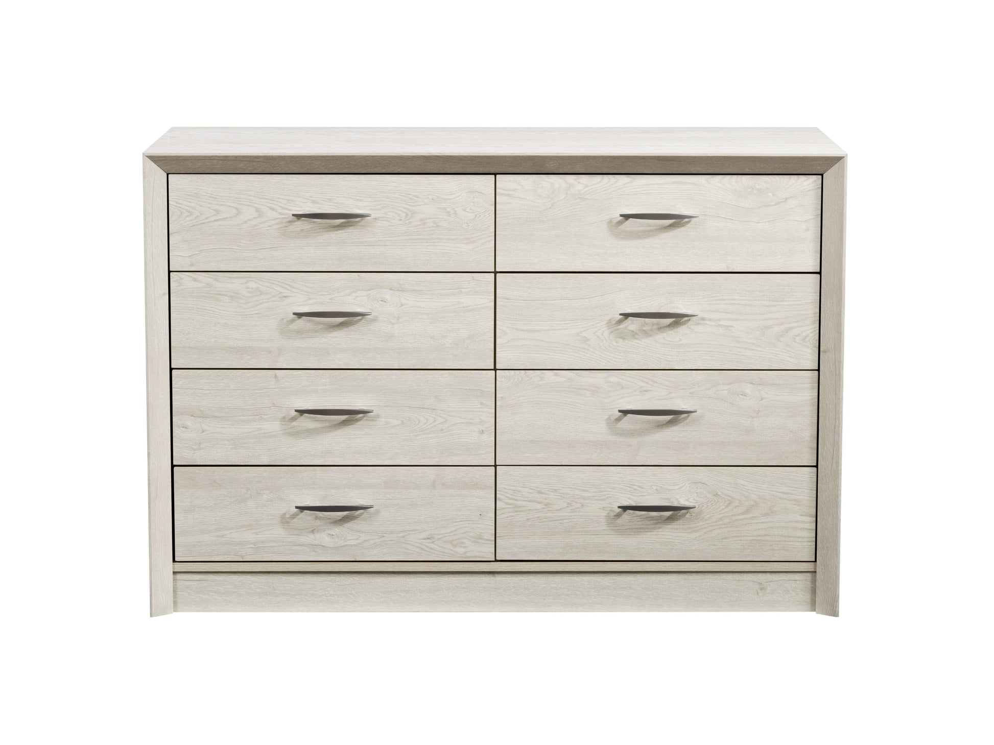 White washed oak 8 drawer dresser with sleek metal handles, smooth finish, and ample storage space. Ideal for bedroom organization, blending rustic charm with modern elegance.