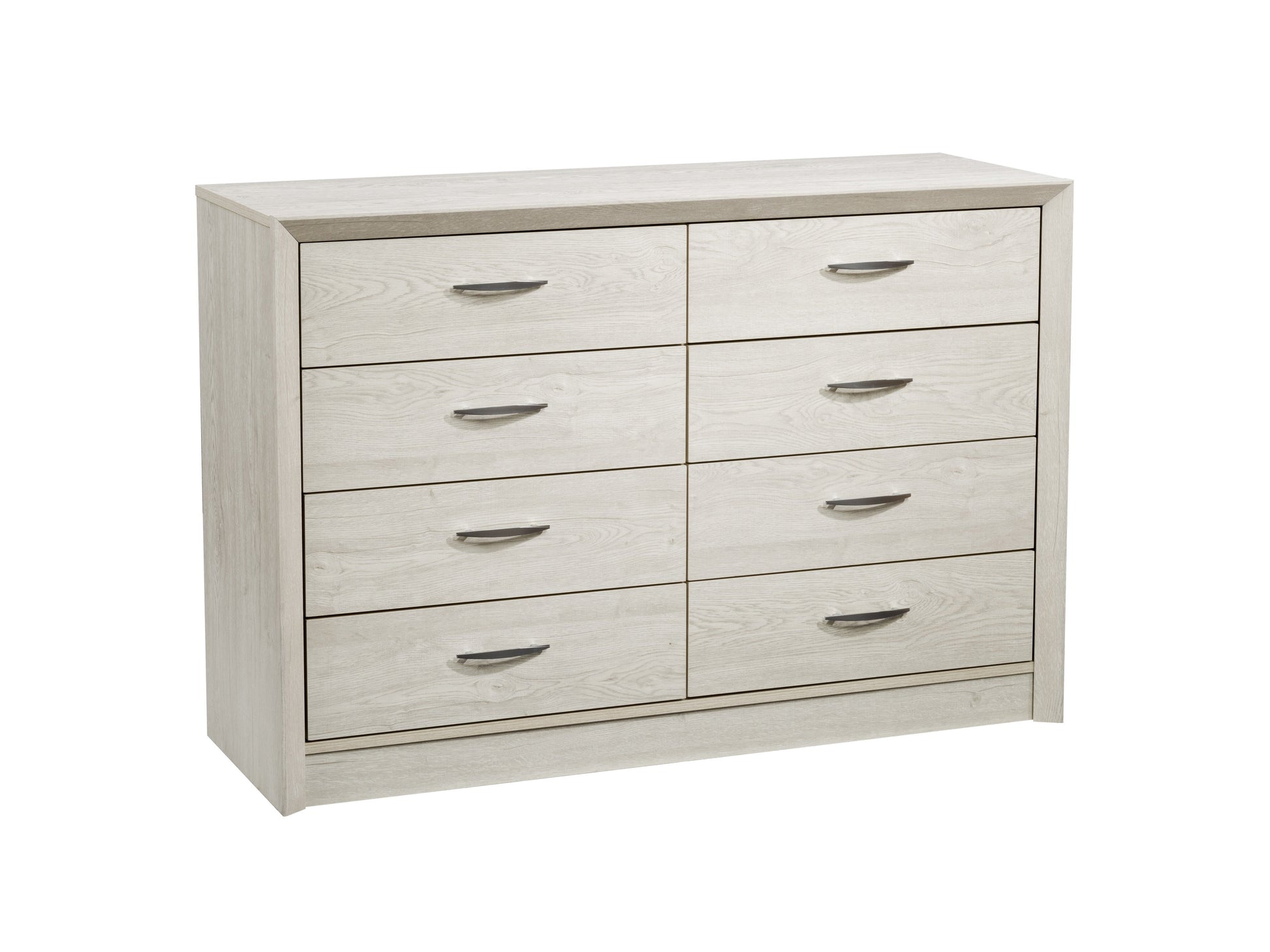 White washed oak 8 drawer dresser with sleek metal handles, smooth finish, and ample storage space. Ideal for bedroom organization, blending rustic charm with modern elegance.