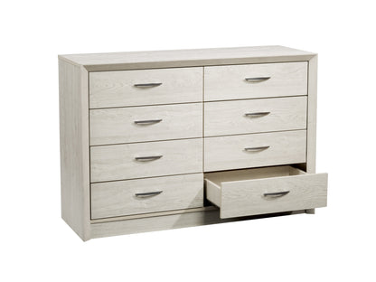 White washed oak 8 drawer dresser with sleek metal handles, smooth finish, and ample storage space. Ideal for bedroom organization, blending rustic charm with modern elegance.