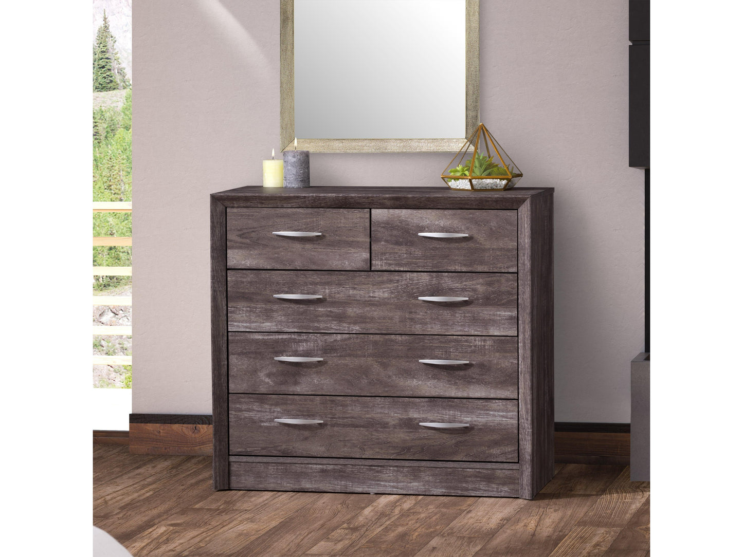 Mid-century modern dresser with six walnut wood drawers, sleek black metal handles, and tapered legs. The dresser features a smooth, minimalist design perfect for contemporary bedroom decor.