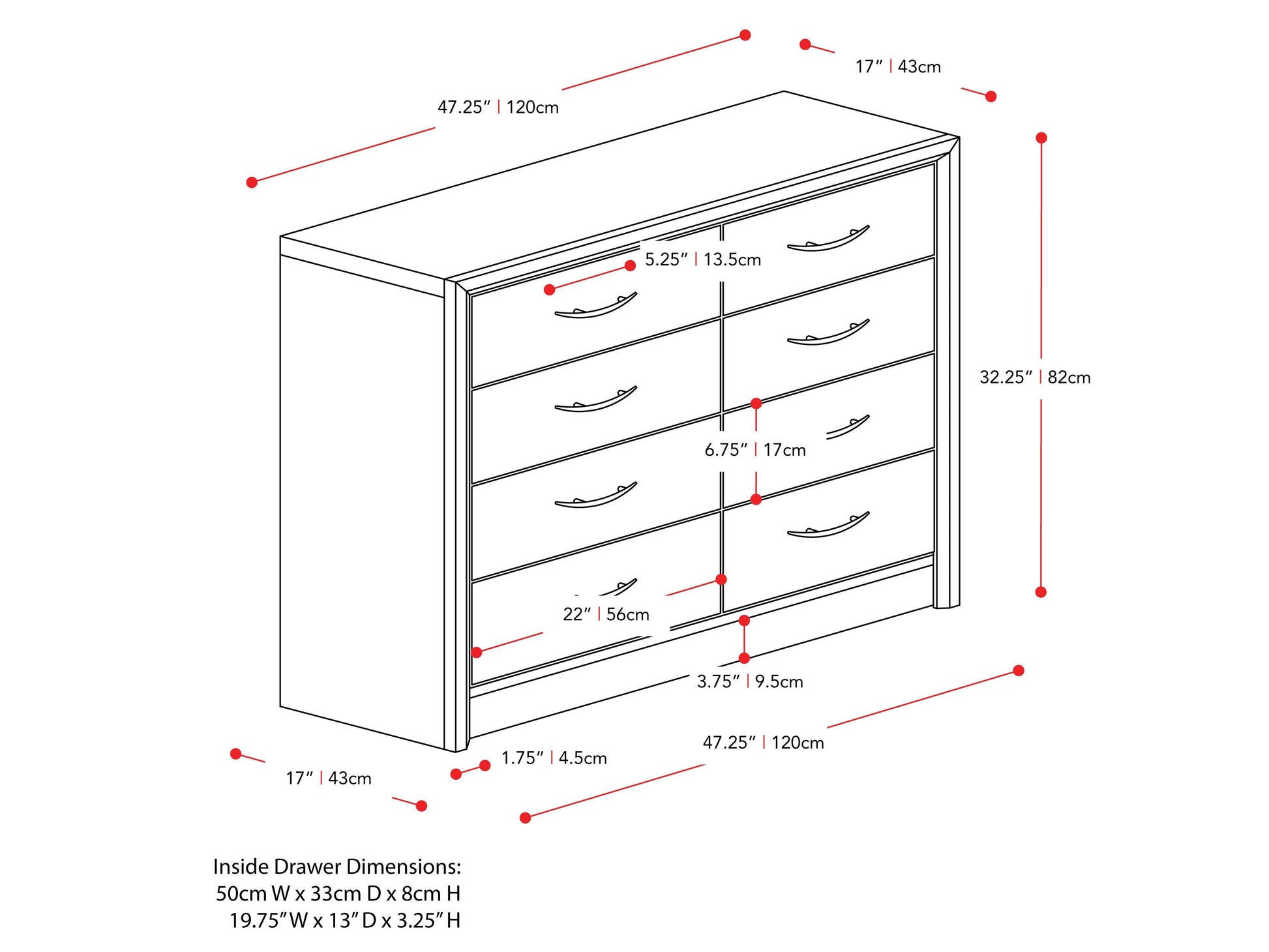 8 drawer white dresser with sleek, modern design, featuring silver handles and a smooth finish. Ideal for bedroom storage and organization.