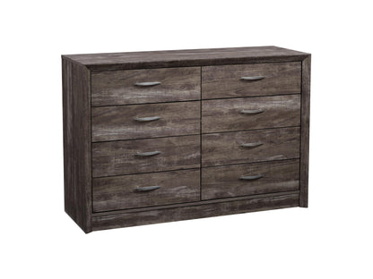 8 drawer dresser with a sleek white finish, natural wood top, and elegant metal handles, featuring a minimalist design perfect for modern bedrooms or living rooms.