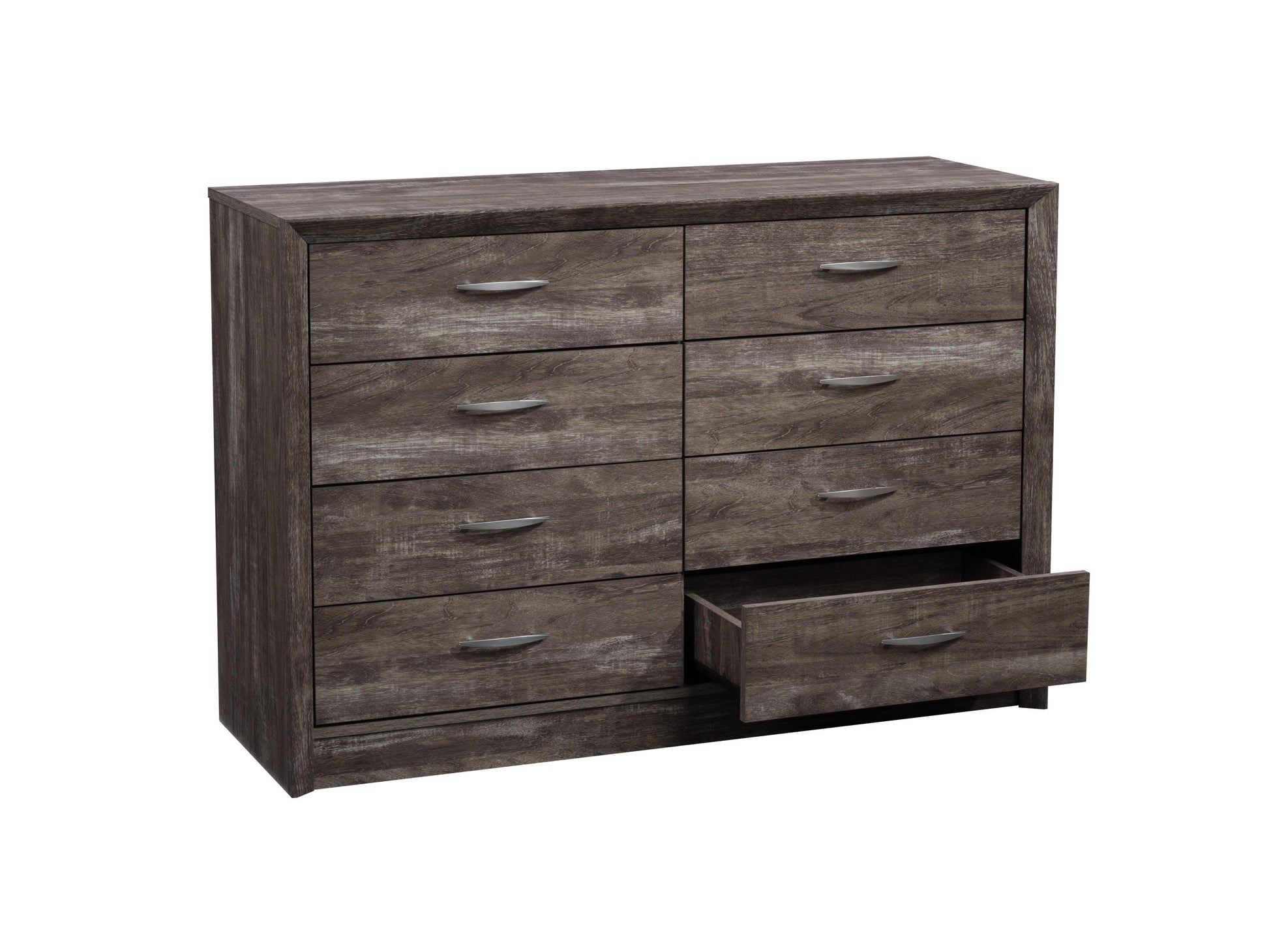 Modern 8 drawer dresser with sleek white finish, natural wood accents, and black metal handles. Features smooth drawer operation and minimalist design, perfect for contemporary bedroom decor.