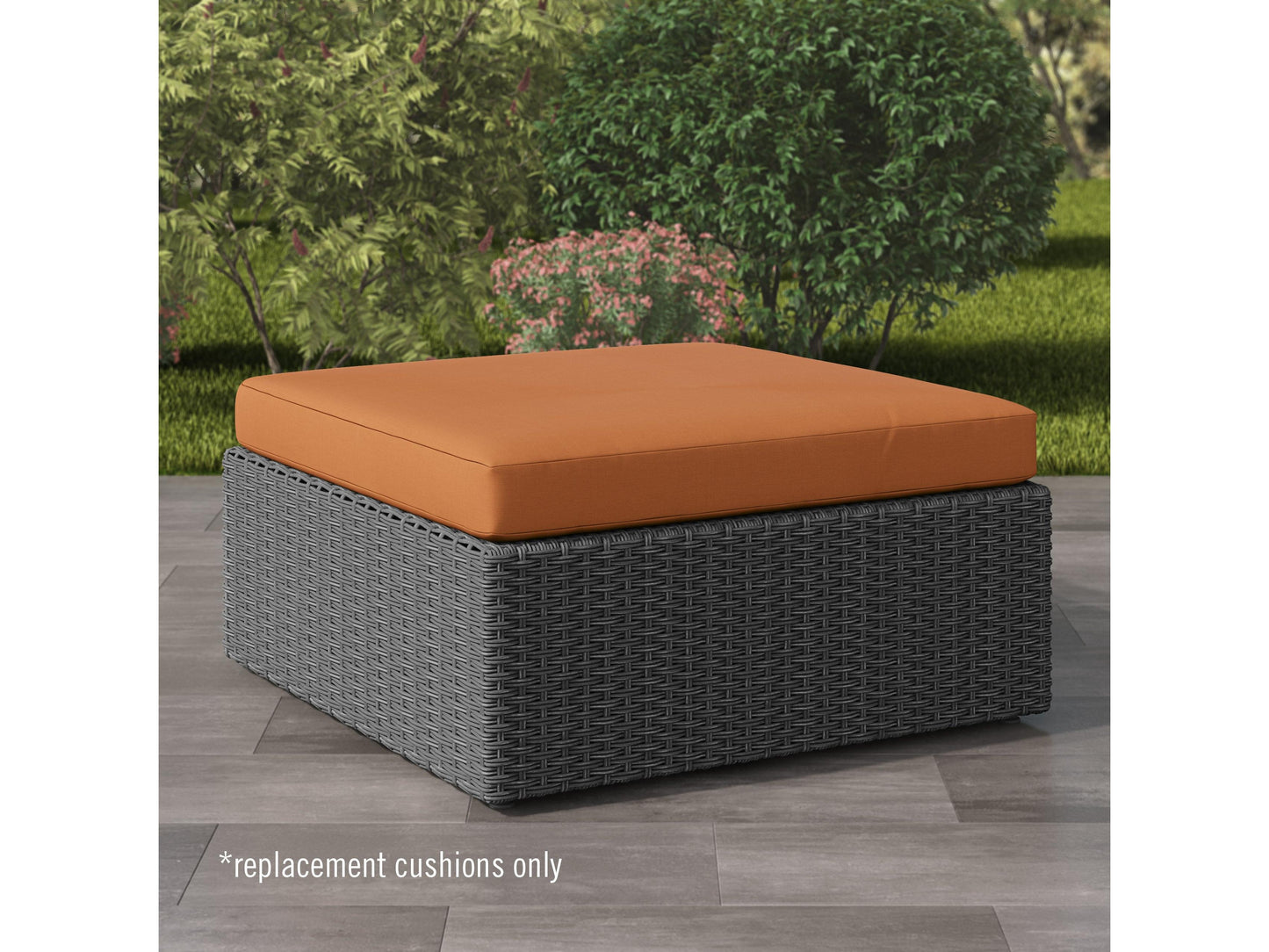 Beige patio ottoman cushion with tufted design, made of durable, weather-resistant fabric, perfect for outdoor furniture replacement.