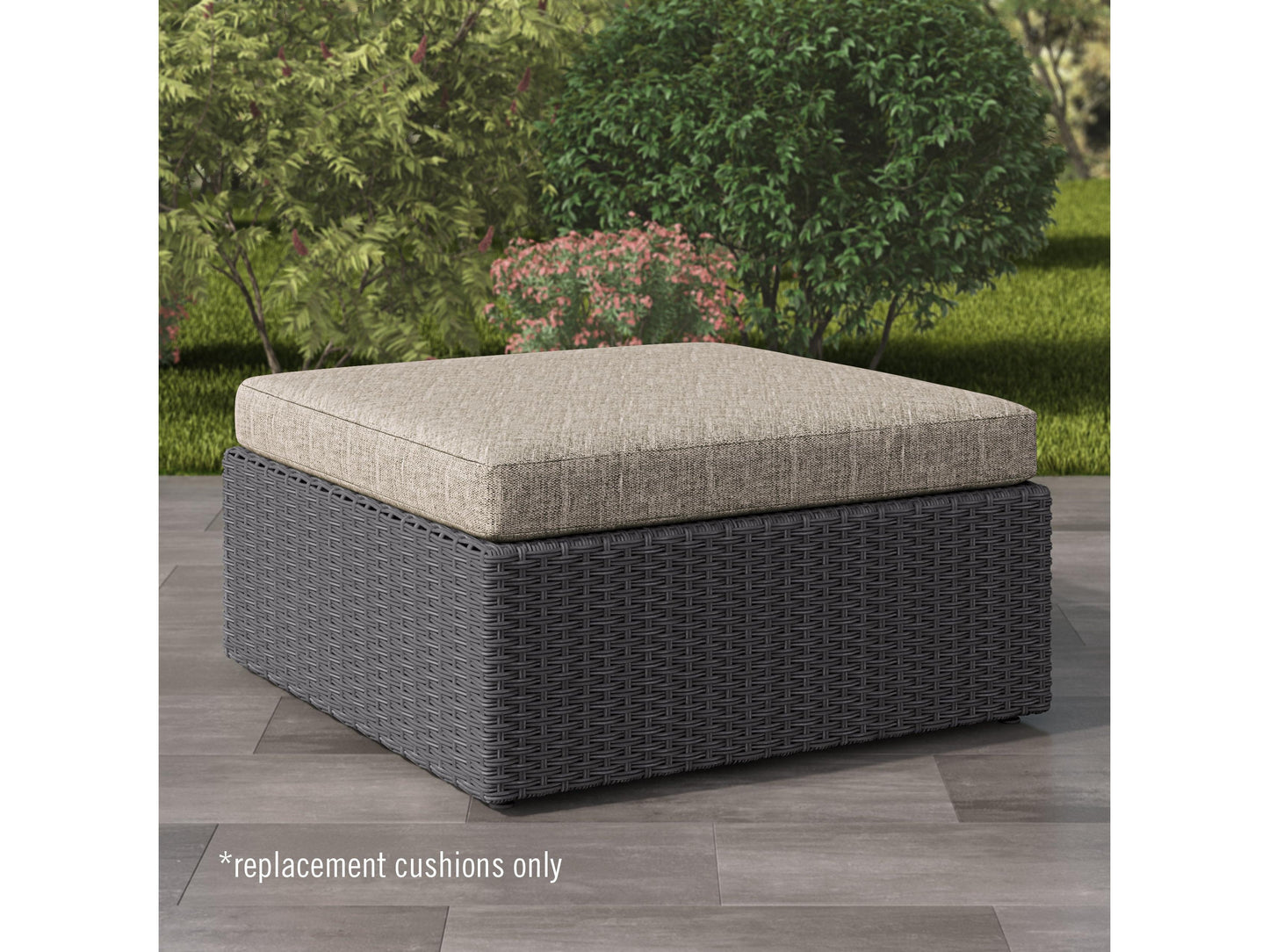 Beige replacement ottoman cushion with tufted design, made for outdoor patio furniture, featuring durable, weather-resistant fabric and thick padding for comfort.