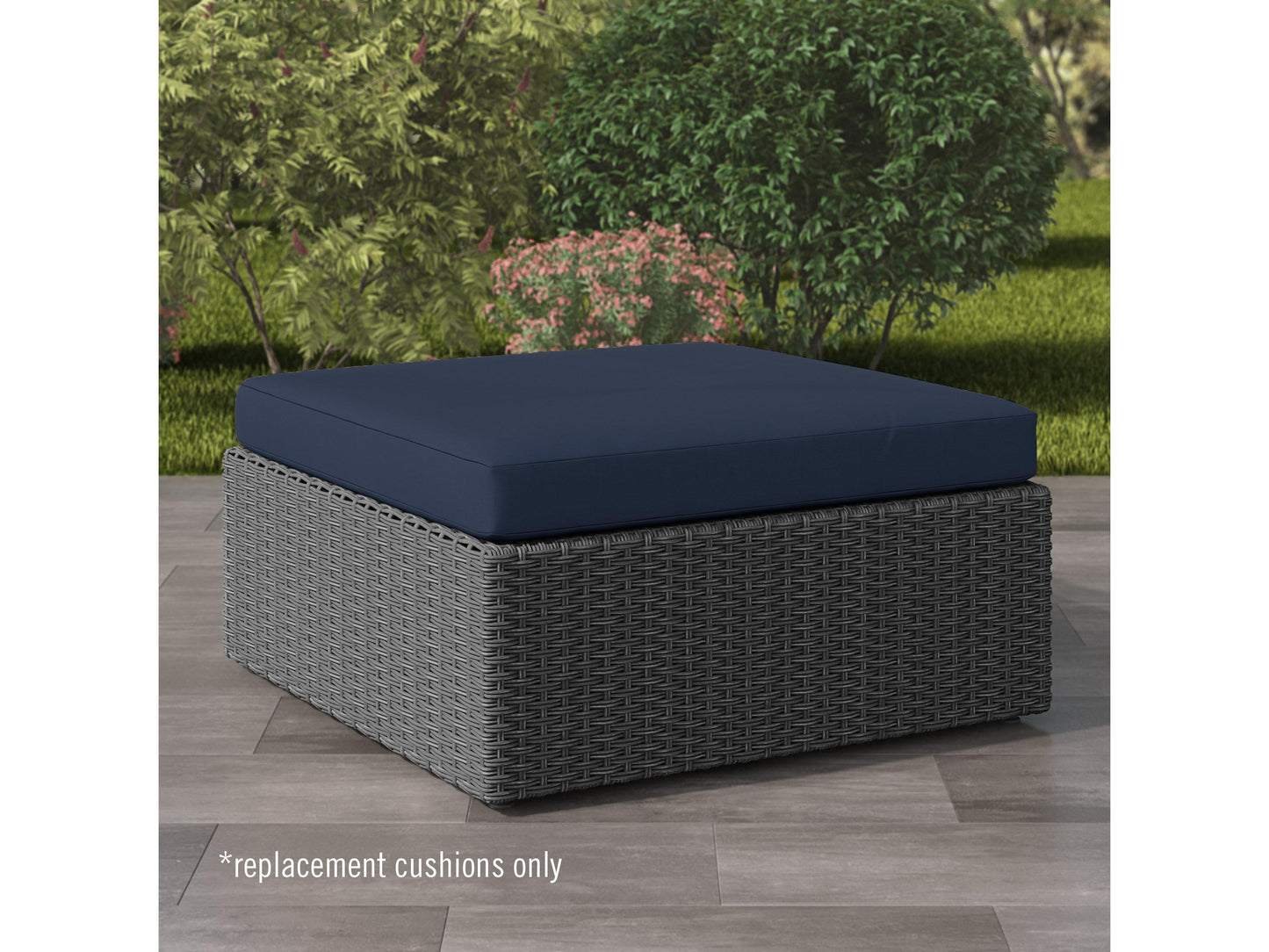 Replacement patio ottoman cushion in beige with tufted design, made of weather-resistant fabric, featuring thick padding for comfort and durability, perfect for outdoor furniture renovation.