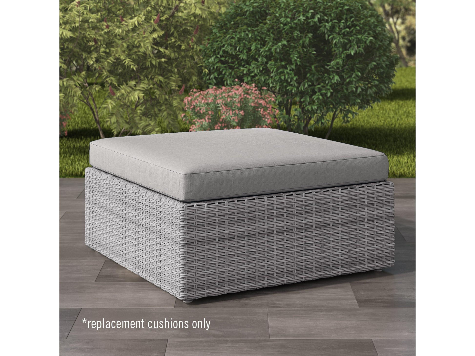 Replacement outdoor ottoman cushion in beige with tufted design, water-resistant fabric, and UV protection for patio furniture.