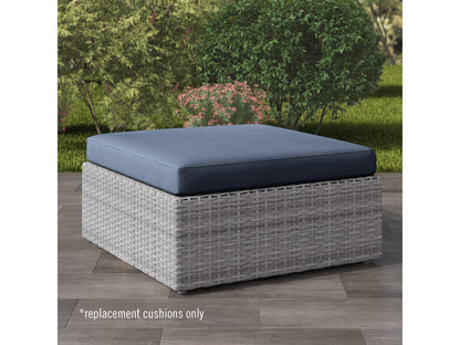 Replacement Ottoman Cushion in beige with polyester fabric, tufted design, and UV-resistant material for outdoor patio furniture.