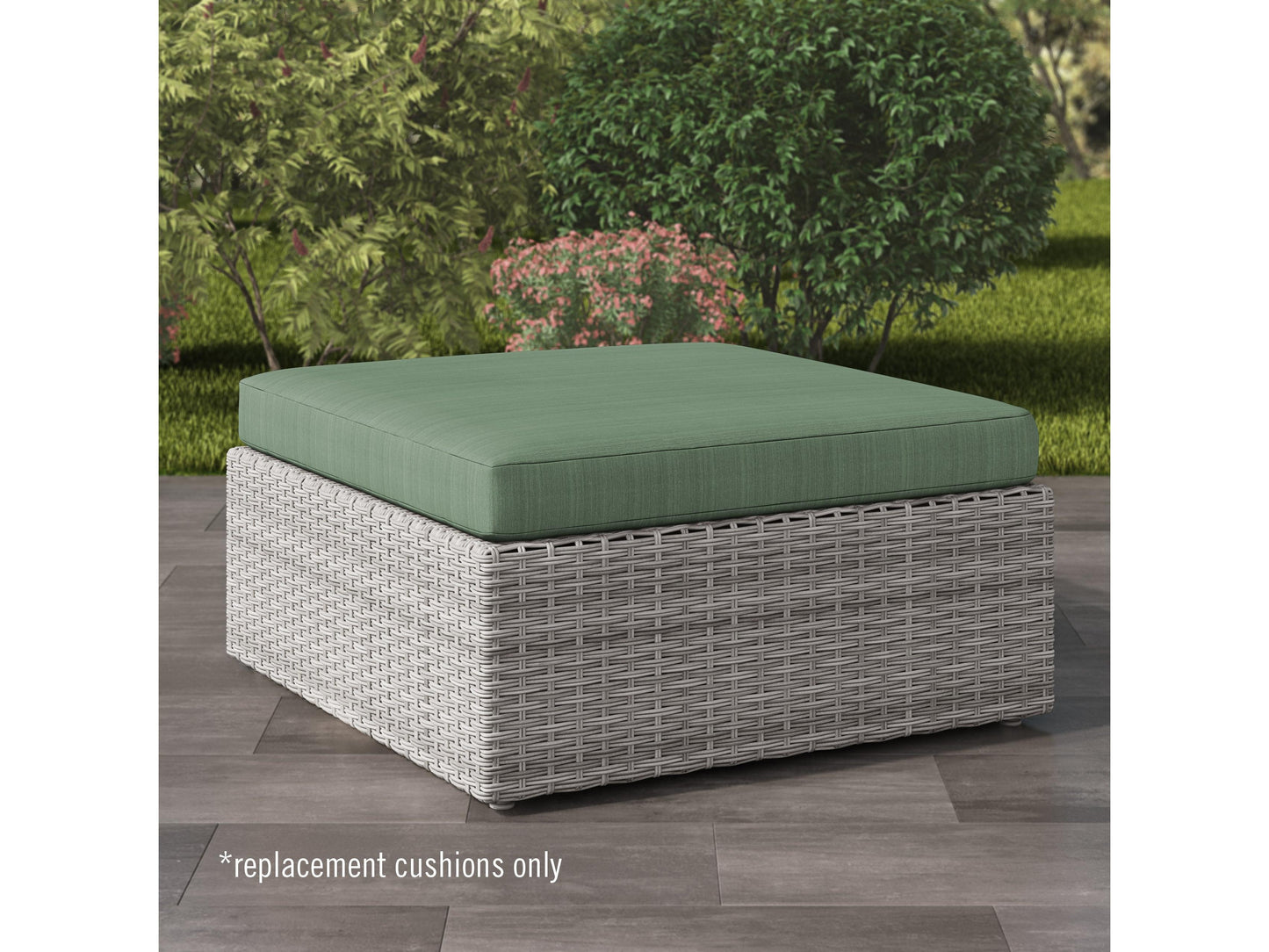 Replacement ottoman cushion for patio furniture, featuring a plush, square design in neutral beige fabric with durable stitching, perfect for outdoor use and enhancing comfort and style in any patio setting.