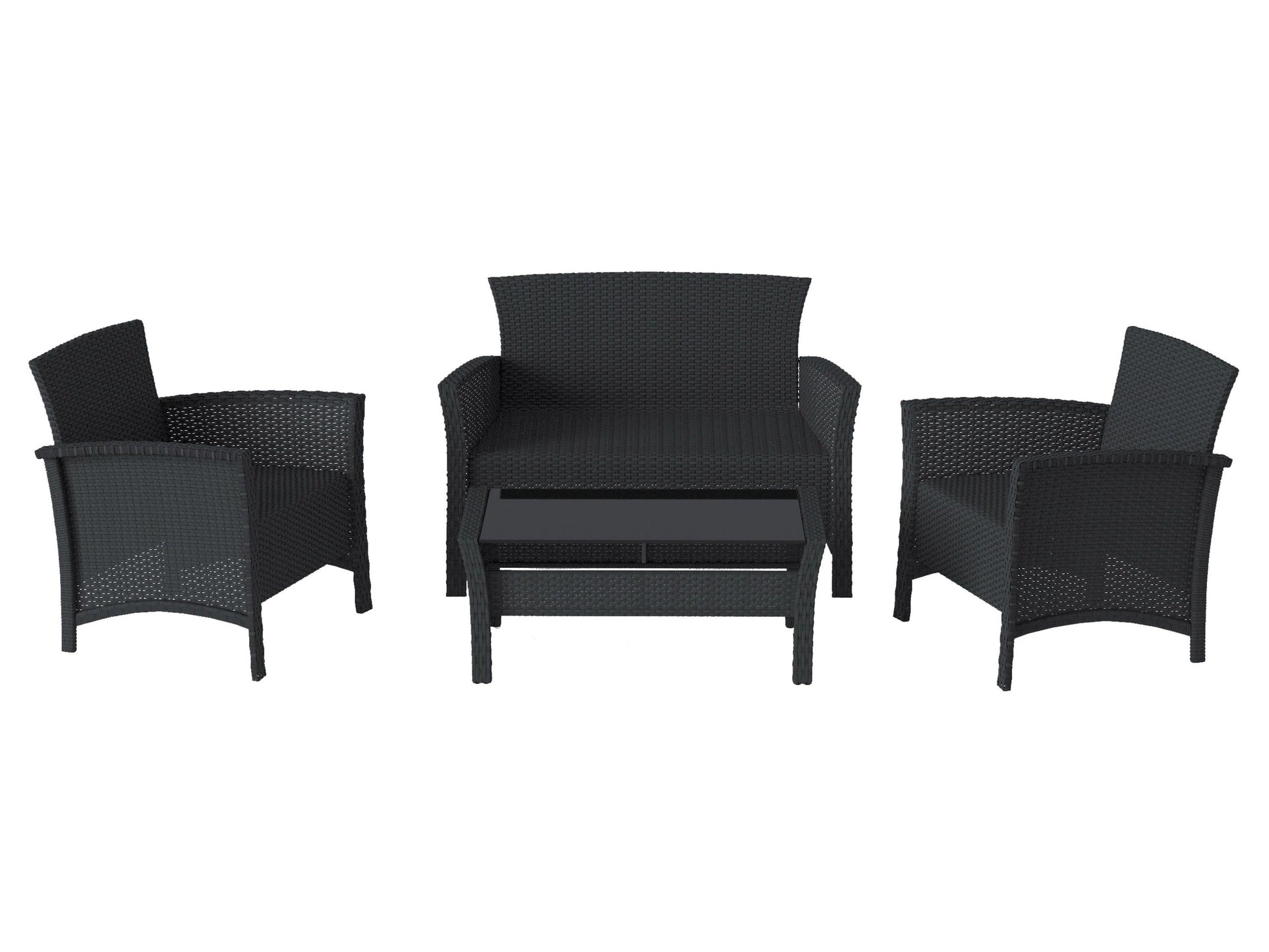 Black wicker patio conversation set with four pieces, including a loveseat, two armchairs, and a glass-top coffee table. Features durable wicker material, plush white cushions, and a modern design perfect for outdoor spaces.