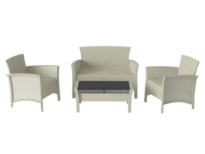 4-piece wicker patio conversation set in off white with cushioned seats, glass-top coffee table, and weather-resistant materials ideal for outdoor lounging.