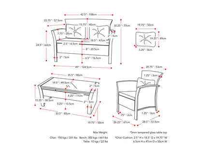 Black wicker patio conversation set with turquoise cushions, includes a loveseat, two armchairs, and a coffee table with a glass top. Durable weather-resistant materials and modern design perfect for outdoor spaces.