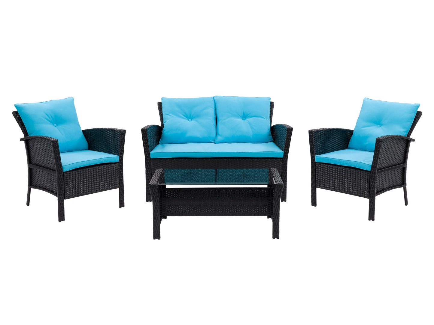 Black wicker patio conversation set with turquoise cushions, includes a loveseat, two armchairs, and a coffee table with a glass top. Durable weather-resistant materials and modern design perfect for outdoor spaces.