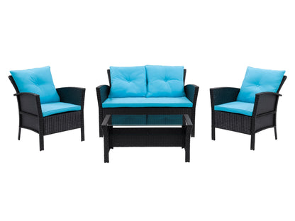 Black wicker patio conversation set with turquoise cushions, includes a loveseat, two armchairs, and a coffee table with a glass top. Durable weather-resistant materials and modern design perfect for outdoor spaces.