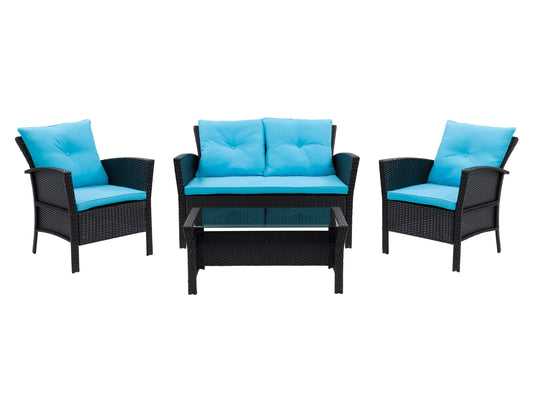 Black wicker patio set with turquoise cushions, 4-piece outdoor furniture, includes sofa, chairs, and coffee table.