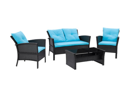 Black wicker patio conversation set with turquoise cushions, includes a loveseat, two armchairs, and a coffee table with a glass top. Durable weather-resistant materials and modern design perfect for outdoor spaces.