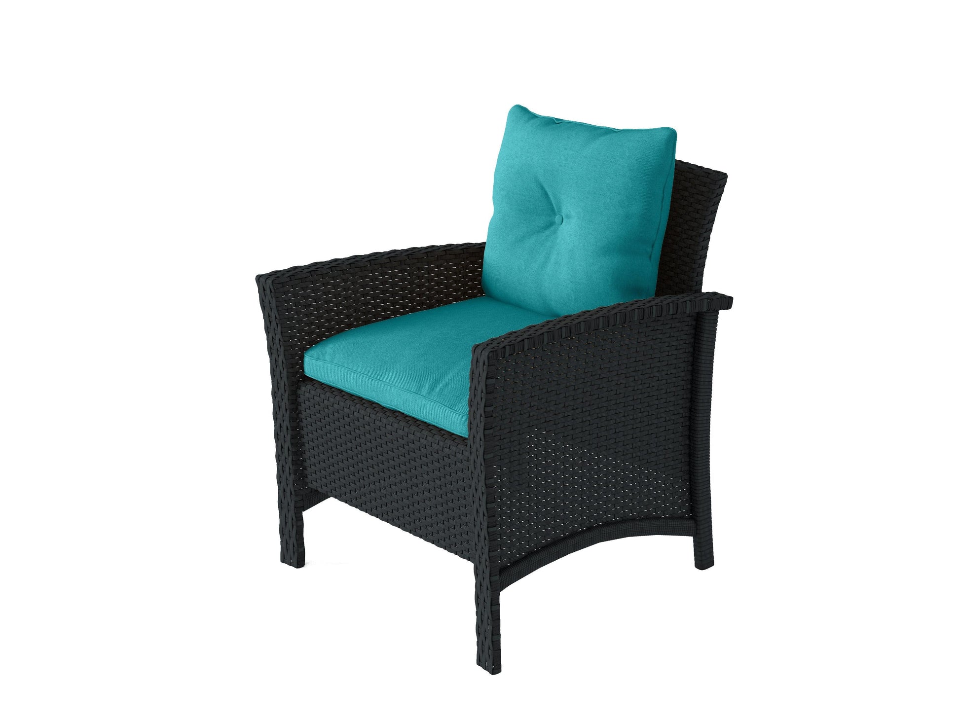 Black wicker patio conversation set with turquoise cushions, includes a loveseat, two armchairs, and a coffee table with a glass top. Durable weather-resistant materials and modern design perfect for outdoor spaces.