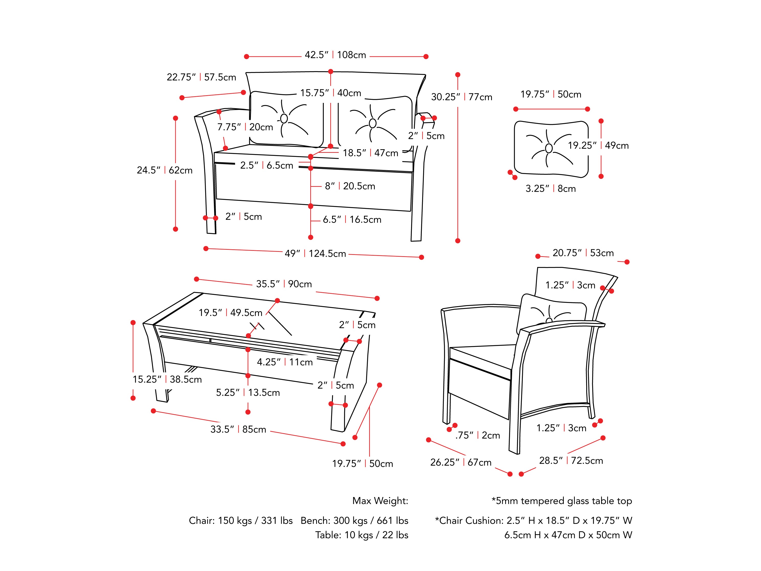 4-piece wicker patio conversation set in black and warm white, featuring a loveseat, two armchairs, and a glass-top coffee table with comfortable cushions and weather-resistant materials.