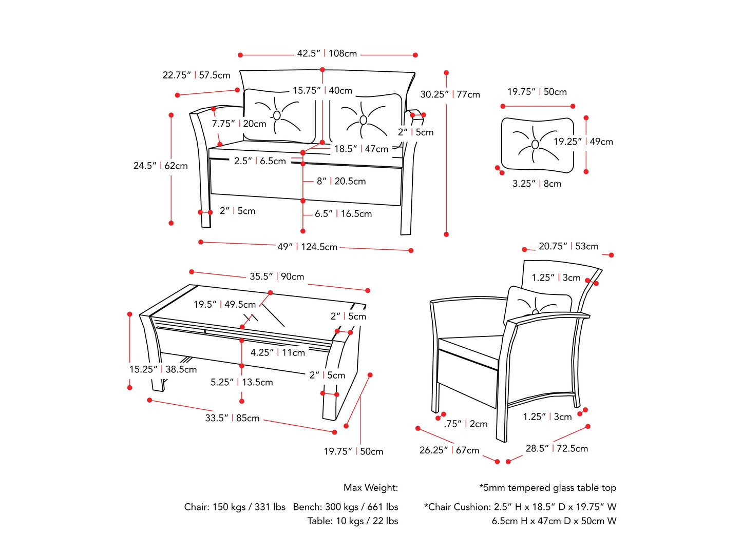 4-piece wicker patio conversation set in black and warm white, featuring a loveseat, two armchairs, and a glass-top coffee table with comfortable cushions and weather-resistant materials.