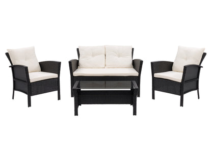 4-piece wicker patio conversation set in black and warm white, featuring a loveseat, two armchairs, and a glass-top coffee table with comfortable cushions and weather-resistant materials.