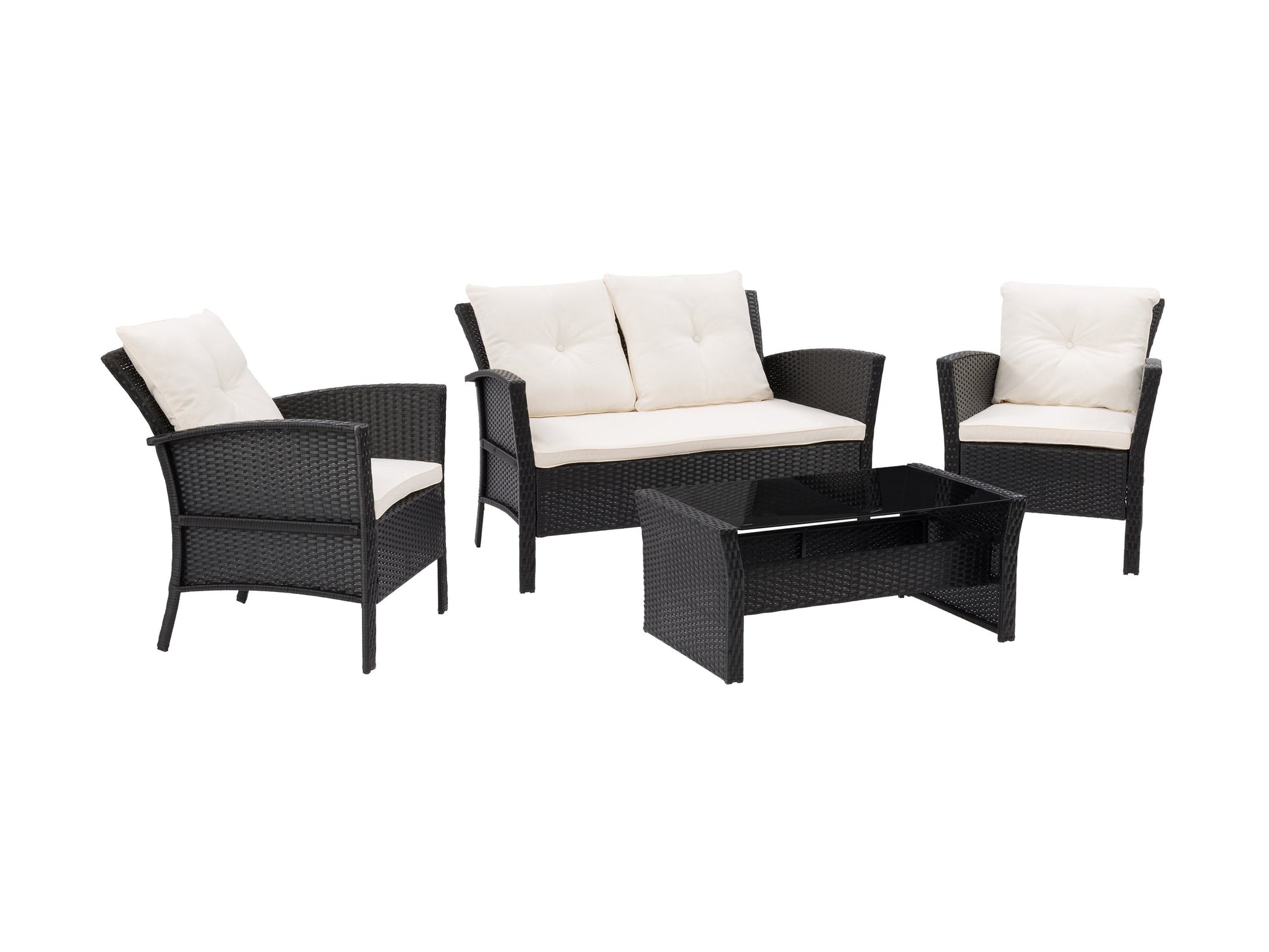 4-piece wicker patio conversation set in black and warm white, featuring a loveseat, two armchairs, and a glass-top coffee table with comfortable cushions and weather-resistant materials.