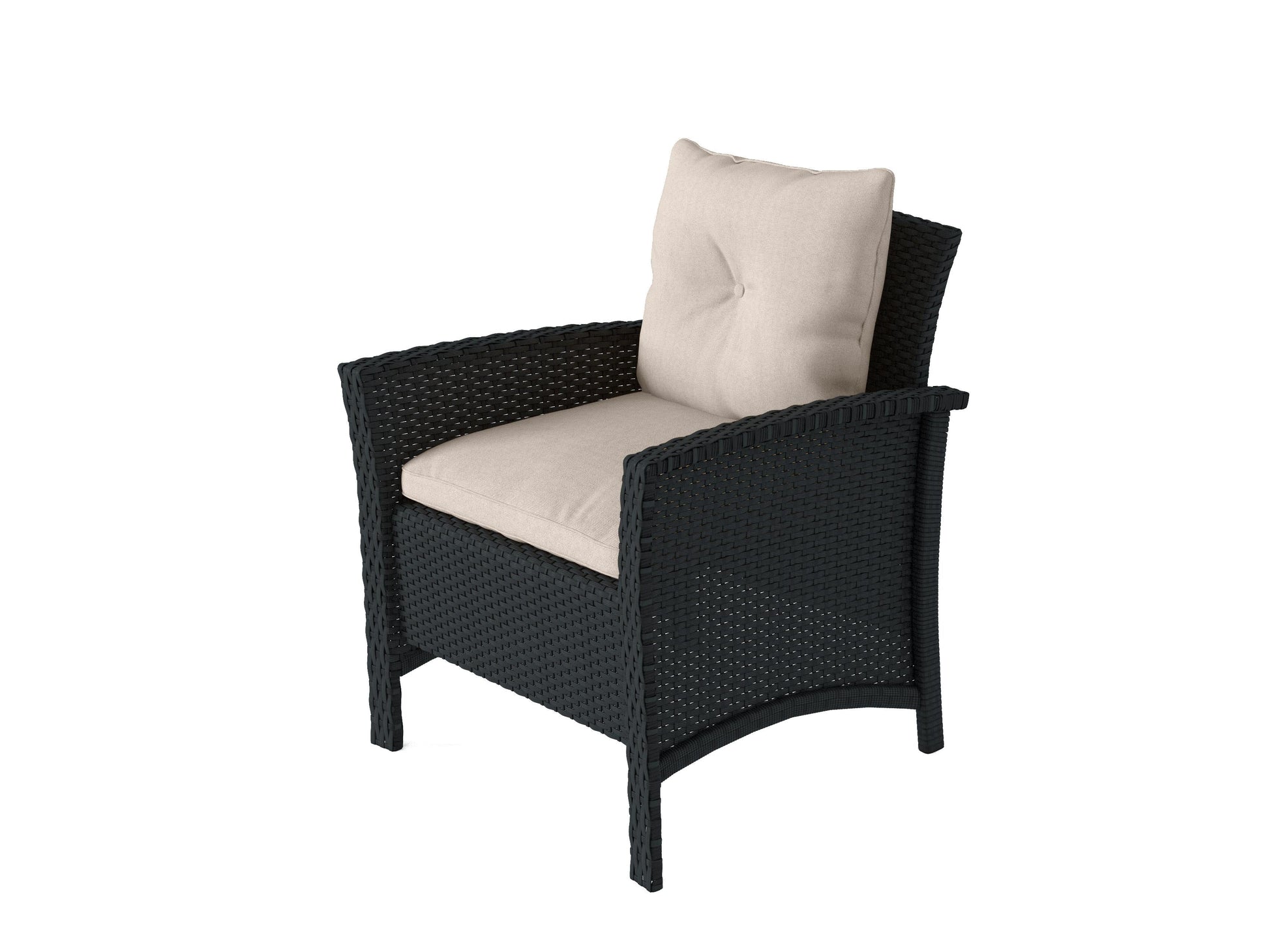 4-piece wicker patio conversation set in black and warm white, featuring a loveseat, two armchairs, and a glass-top coffee table with comfortable cushions and weather-resistant materials.