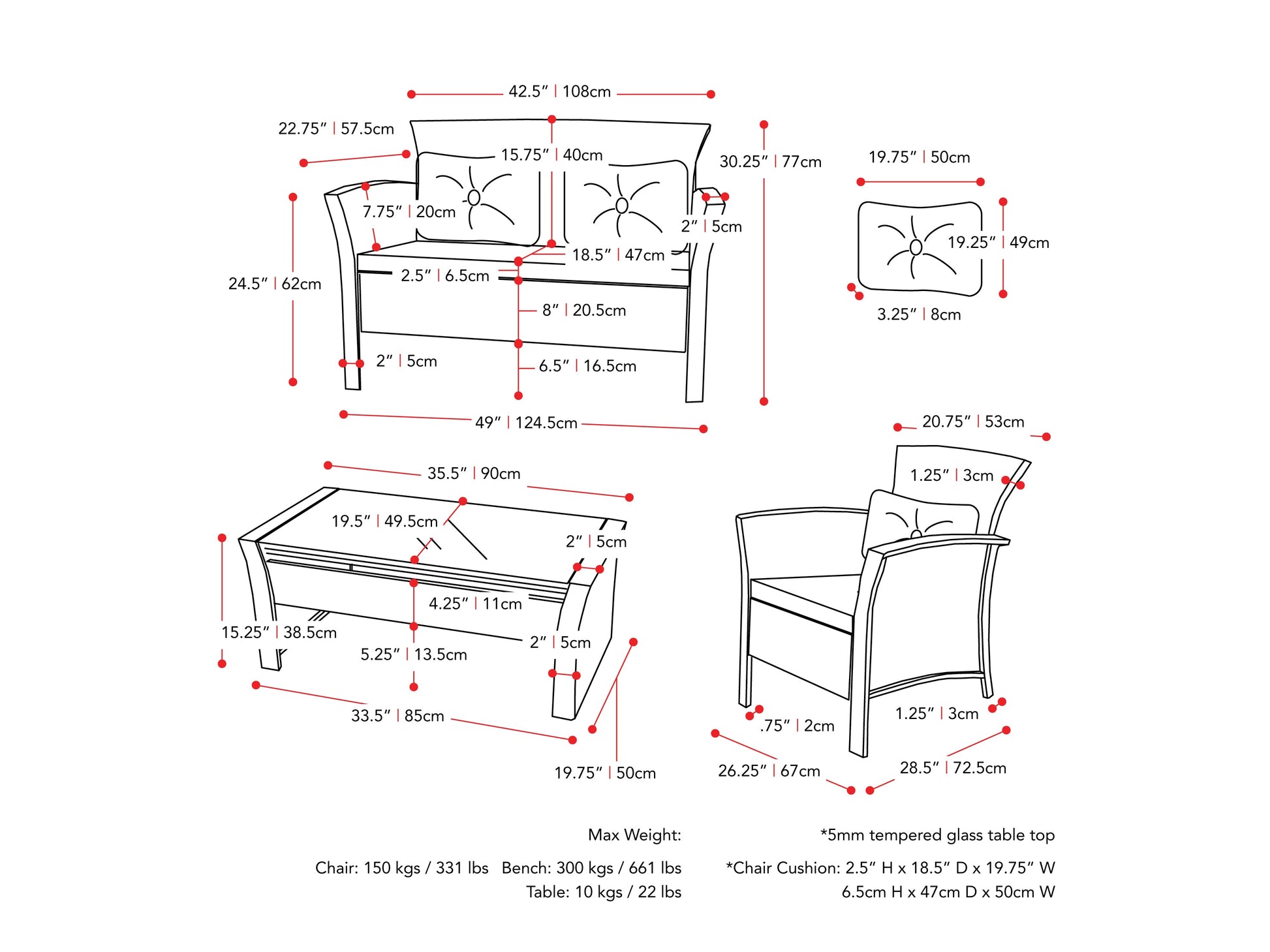 Black and red wicker patio conversation set with a modern design, featuring a loveseat, two armchairs with plush red cushions, and a glass-topped coffee table. Ideal for outdoor relaxation and entertaining.