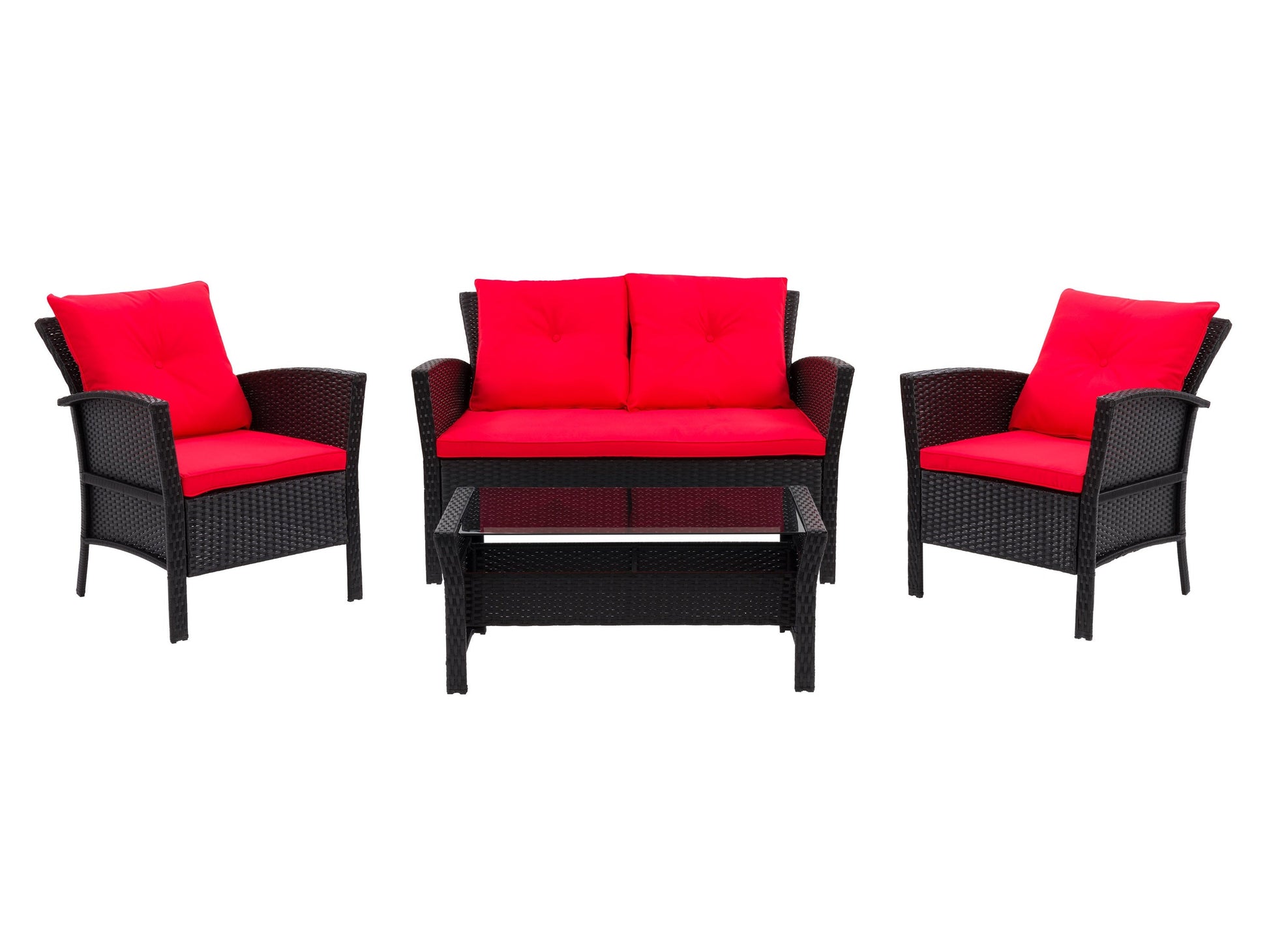 Black and red wicker patio conversation set with a modern design, featuring a loveseat, two armchairs with plush red cushions, and a glass-topped coffee table. Ideal for outdoor relaxation and entertaining.