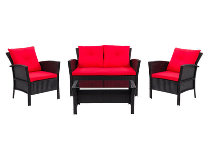 Black and red wicker patio conversation set with a modern design, featuring a loveseat, two armchairs with plush red cushions, and a glass-topped coffee table. Ideal for outdoor relaxation and entertaining.