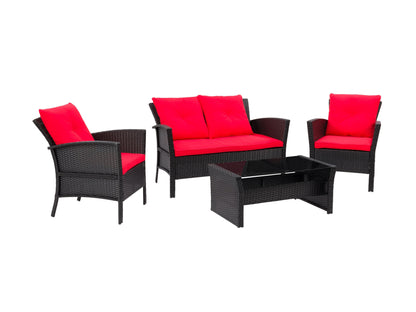 Black and red wicker patio conversation set with a modern design, featuring a loveseat, two armchairs with plush red cushions, and a glass-topped coffee table. Ideal for outdoor relaxation and entertaining.