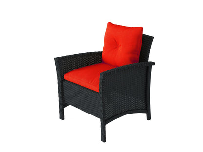 Black and red wicker patio conversation set with a modern design, featuring a loveseat, two armchairs with plush red cushions, and a glass-topped coffee table. Ideal for outdoor relaxation and entertaining.