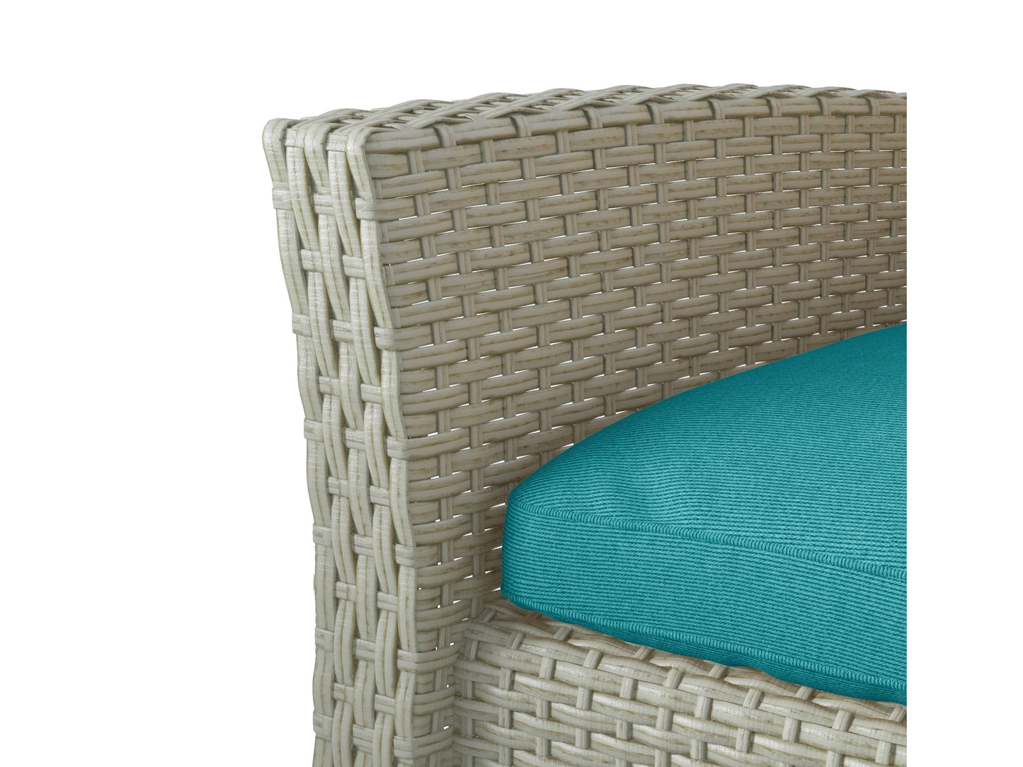 4 piece wicker patio set with turquoise cushions, featuring a loveseat, two armchairs, and a glass-top coffee table, perfect for outdoor relaxation and stylish patio decor.