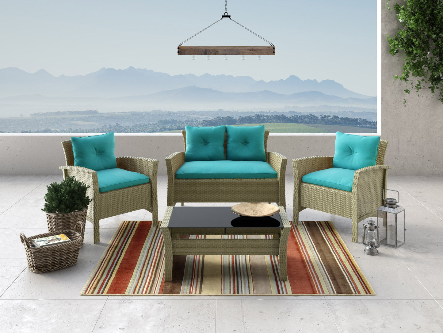 4 piece wicker patio set with turquoise cushions, featuring a loveseat, two armchairs, and a glass-top coffee table, perfect for outdoor relaxation and stylish patio decor.