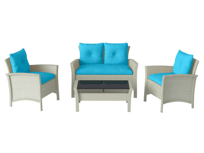 4 piece wicker patio set with turquoise cushions, featuring a loveseat, two armchairs, and a glass-top coffee table, perfect for outdoor relaxation and stylish patio decor.