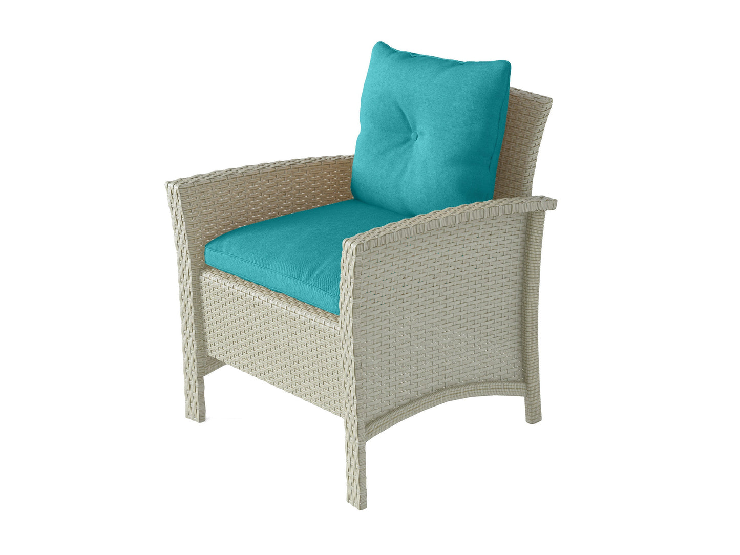 4 piece wicker patio set with turquoise cushions, featuring a loveseat, two armchairs, and a glass-top coffee table, perfect for outdoor relaxation and stylish patio decor.