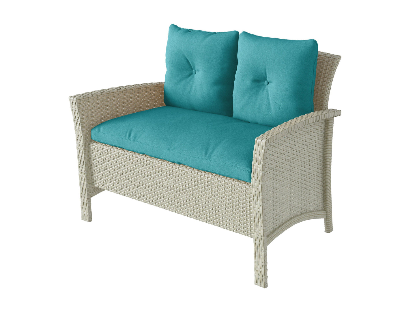 4 piece wicker patio set with turquoise cushions, featuring a loveseat, two armchairs, and a glass-top coffee table, perfect for outdoor relaxation and stylish patio decor.