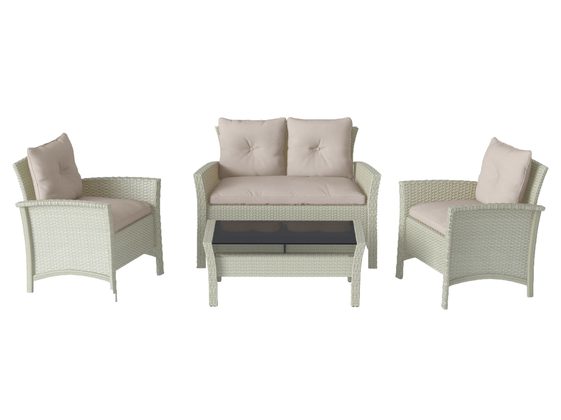 4-piece wicker patio set in warm white, featuring a loveseat, two armchairs, and a coffee table with tempered glass top; durable wicker material, weather-resistant cushions, and elegant design for outdoor use.