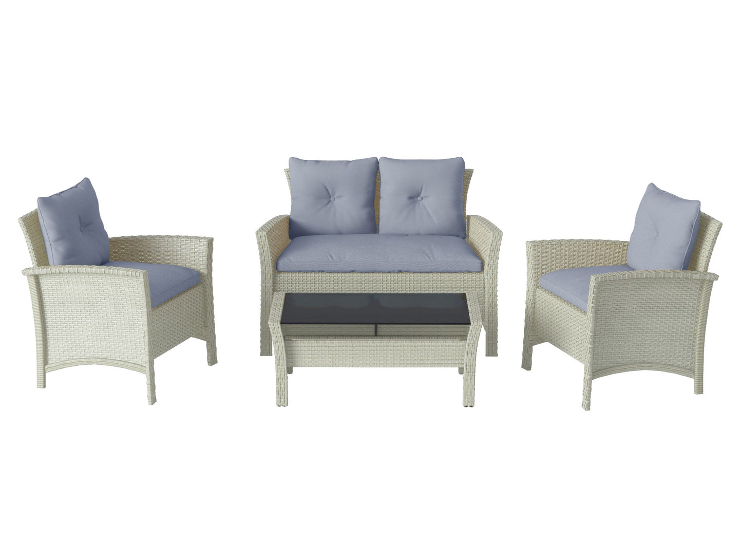 Light blue 4 piece wicker patio conversation set with cushions, including a loveseat, two armchairs, and a coffee table with tempered glass top, perfect for outdoor relaxation and entertaining.