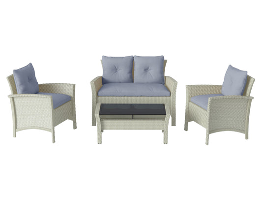 Light blue 4 piece wicker patio conversation set with cushions, including a loveseat, two armchairs, and a coffee table with tempered glass top, perfect for outdoor relaxation and entertaining.