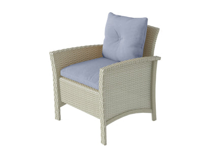 Light blue 4 piece wicker patio conversation set with cushions, including a loveseat, two armchairs, and a coffee table with tempered glass top, perfect for outdoor relaxation and entertaining.