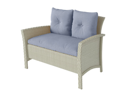 Light blue 4 piece wicker patio conversation set with cushions, including a loveseat, two armchairs, and a coffee table with tempered glass top, perfect for outdoor relaxation and entertaining.